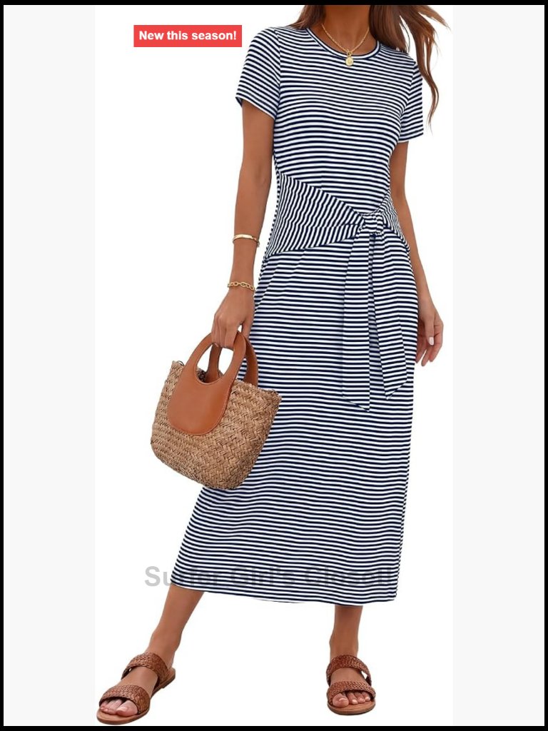 Women's Tie Waist Maxi Dress | Sheath Silhouette, Stretchy Knit, Short Sleeve,